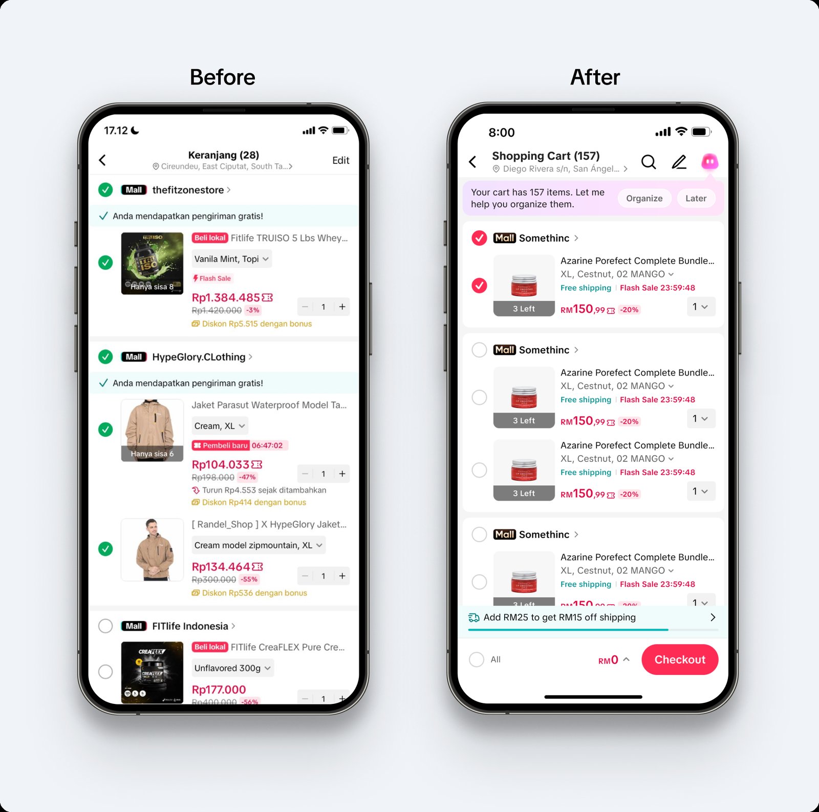 Before and after shopping cart comparison. Before: a plain cart titled 'Keranjang (28)' grouped by seller, with manual checkboxes, flash-sale badges and discount labels on each item, no AI assistance. After: a 'Shopping Cart (157)' with an AI banner reading 'Your cart has 157 items. Let me help you organize them,' with Organize and Later actions, items grouped by store with flash-sale countdowns, and a progress bar nudging the user to add RM25 more to unlock RM15 off shipping before checkout.