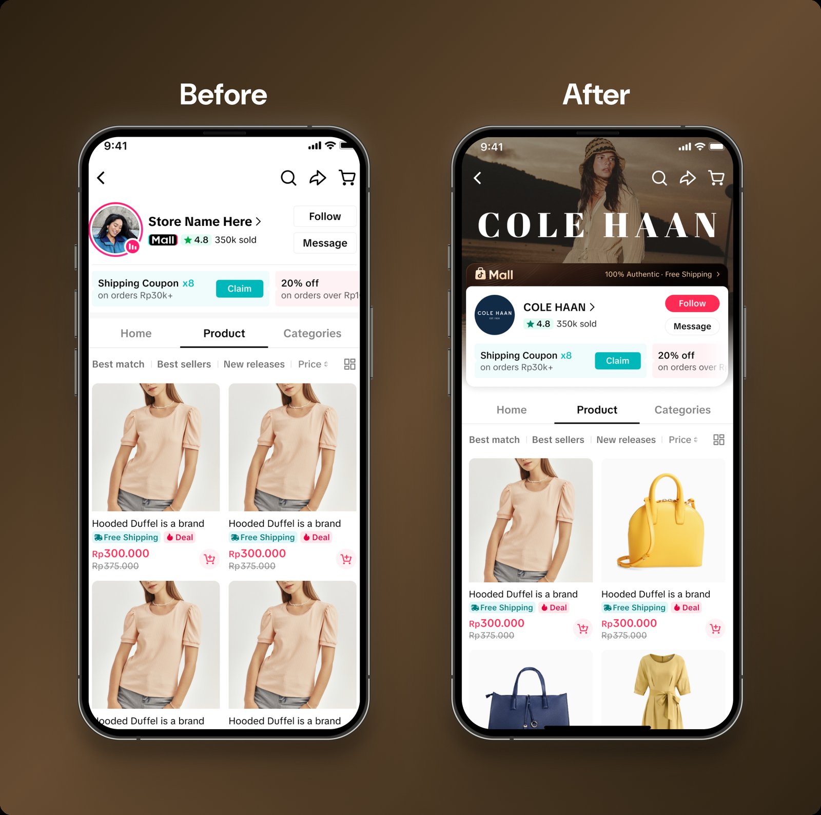 Before and after store page comparison. Before: a generic store page with a placeholder avatar, 'Store Name Here', a Mall badge, 4.8 rating and 350k sold, a shipping coupon and a 20% off banner, then a plain product grid. After: the same layout rebuilt for Cole Haan, led by a full-width lifestyle photograph with the brand wordmark overlaid, a 'Mall · 100% Authentic · Free Shipping' bar, the same follow, coupon and rating modules now sitting on top of that hero image, and a product grid mixing bags and apparel.