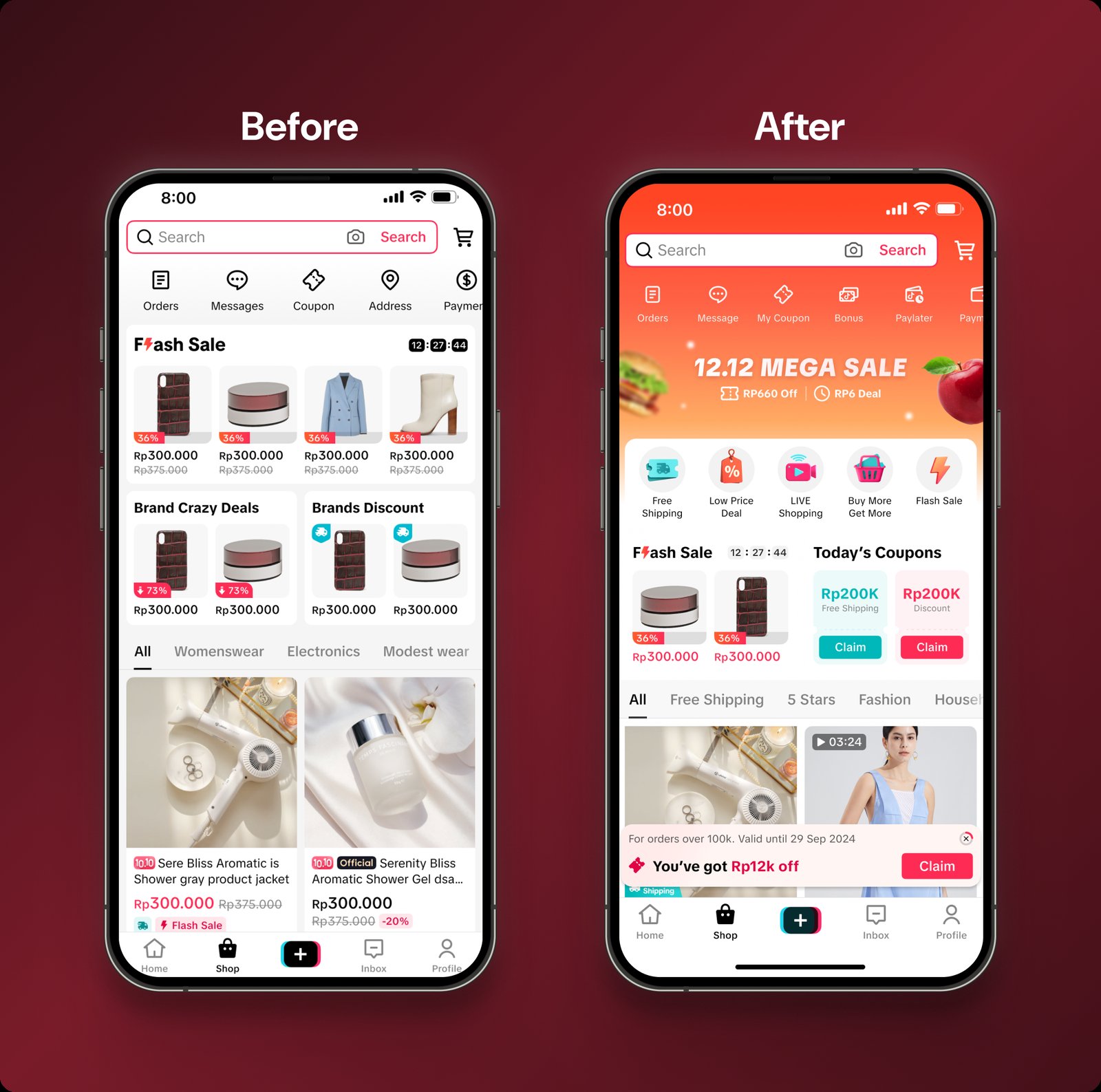 Before and after phone screens of the Shoptab homepage: a flat white before screen with a generic banner and flash sale grid, next to an after screen with an orange 12.12 Mega Sale banner, a tools row, flash sale and today's coupons side by side, and a claimable discount toast.
