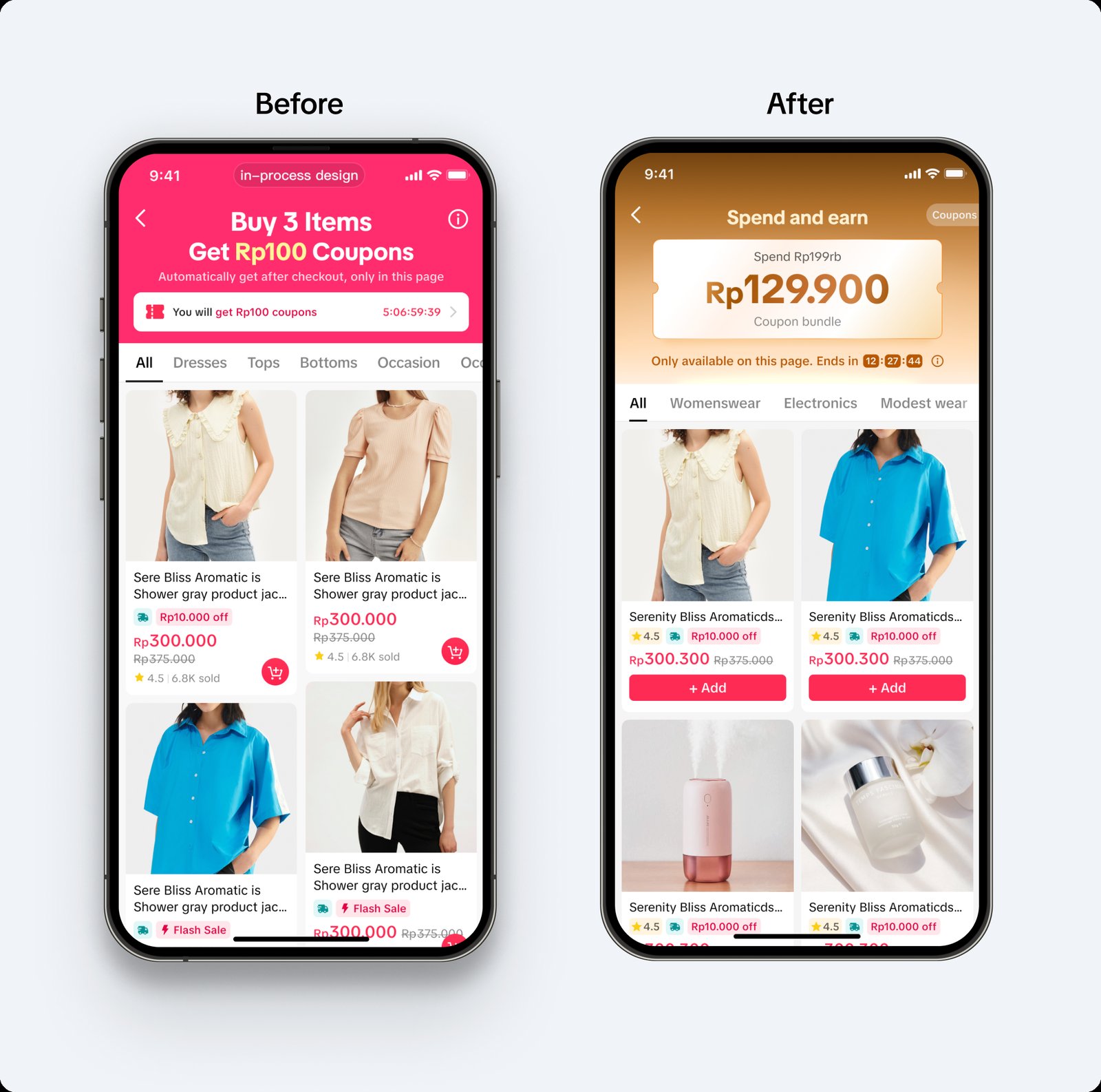 Before and after comparison of the E-commerce Homepage coupon module. Before: a pink 'Buy 3 Items, Get Rp100 Coupons' banner above a plain product grid. After: a 'Spend and earn' banner showing a Rp129,900 coupon bundle unlocked by spending Rp199rb, with a countdown timer, above the same product grid now offering Add-to-cart actions.