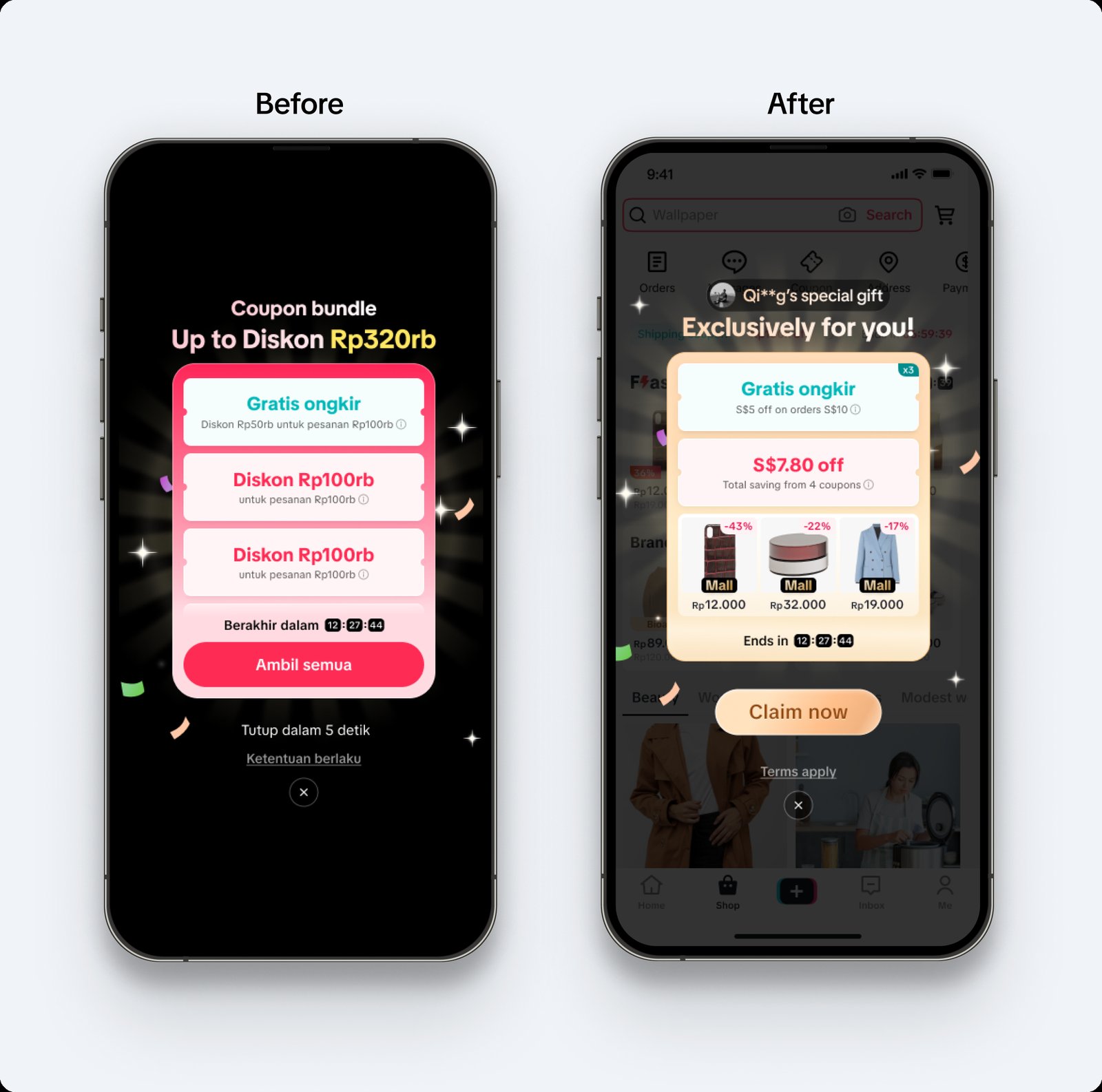 Before and after comparison of the coupon pop-up. Before: a generic dark full-screen 'Coupon bundle, Up to Diskon Rp320rb' takeover with three stacked discount cards and an 'Ambil semua' button, auto-closing in 5 seconds. After: an 'Exclusively for you' pop-up anchored to the homepage, showing the same free-shipping and discount coupons plus a preview of discounted Mall products, with a 'Claim now' button and countdown timer.