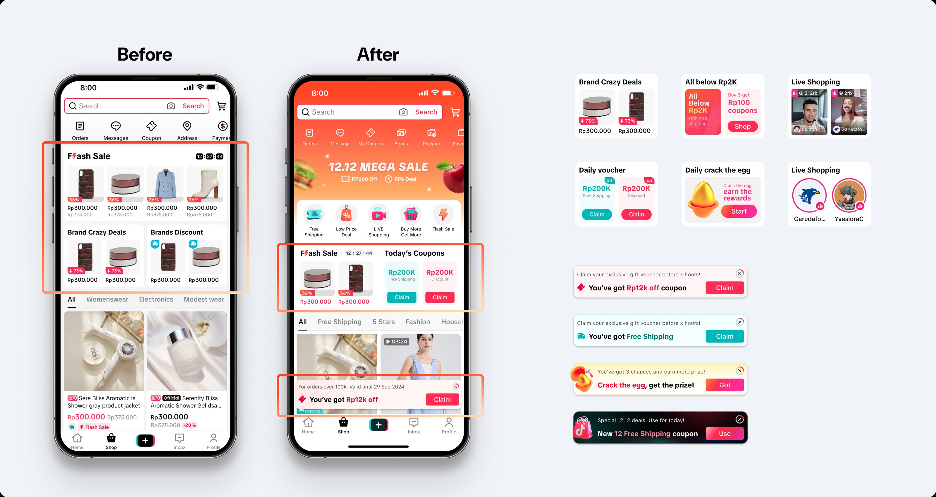 Before and after Shoptab phone screens with the promotional zone highlighted: the old Flash Sale and Brands Discount blocks versus the new 12.12 Mega Sale header, tools row, and Flash Sale plus Today's Coupons row. Beside them, the promotional component sheet: Brand Crazy Deals, All Below Rp2K, two Live Shopping cards, Daily Voucher, and Daily Crack the Egg. Below, four inner-push variants offering a coupon, free shipping, a crack-the-egg prize, and a free-shipping code.