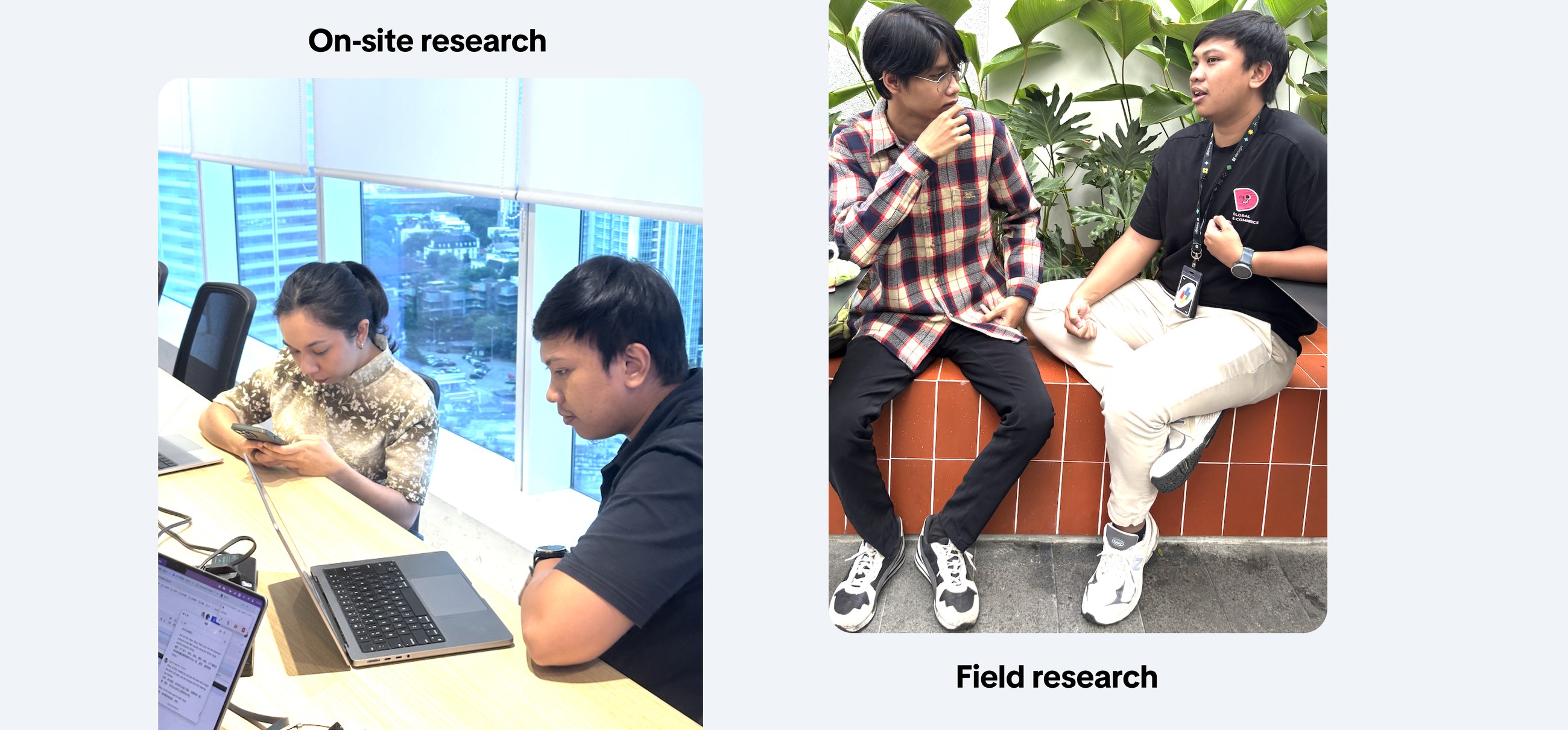 Two research photographs. Left, labelled On-site research: a participant scrolling on her phone at a desk while a colleague observes beside a laptop. Right, labelled Field research: two people in conversation on a planter ledge outdoors.